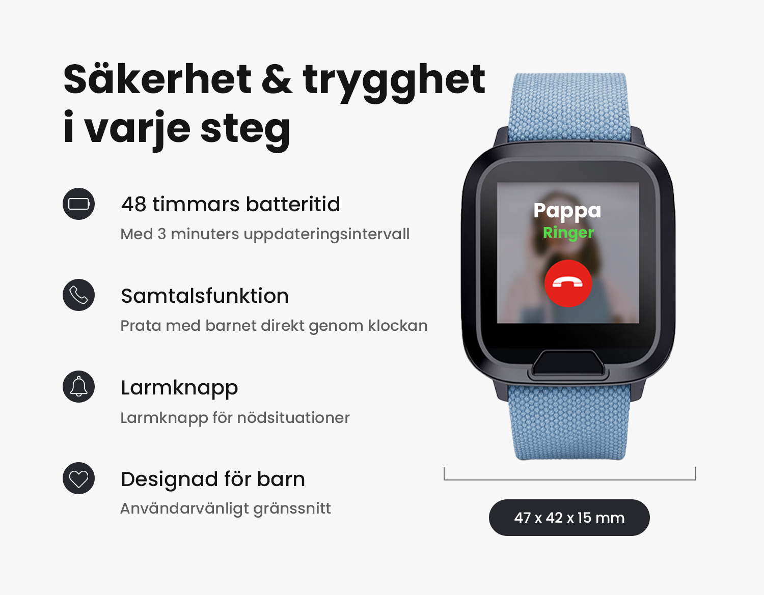 Bild av barnklockan med funktioner såsom larm, samtal och realtidspositionering.