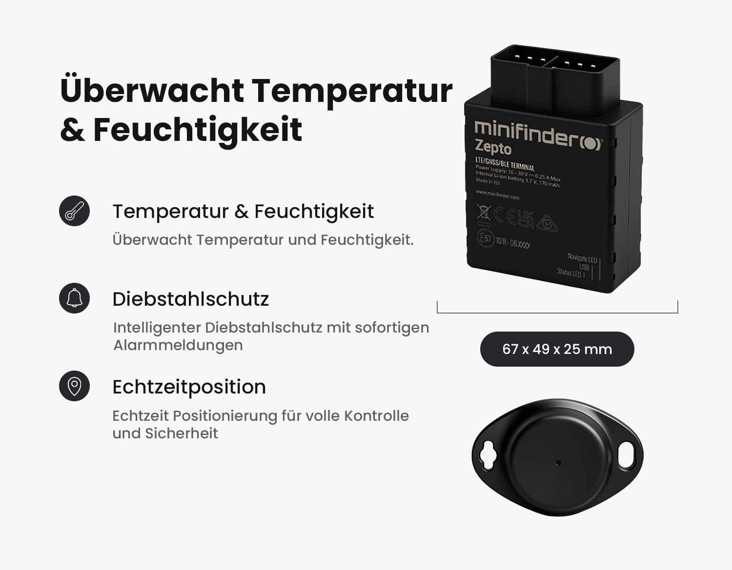 Bild des MiniFinder Zenso mit seinen Funktionen und Spezifikationen