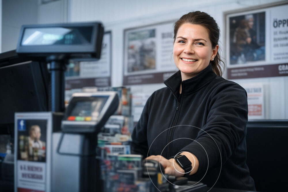 Einzelhandelsmitarbeiter trägt MiniFinder Veo Sicherheitsuhr, während er allein im Geschäft arbeitet