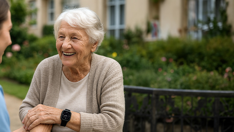 Ältere Dame im Pflegeheim mit GPS Tracker und persönlichem Sicherheitsalarm