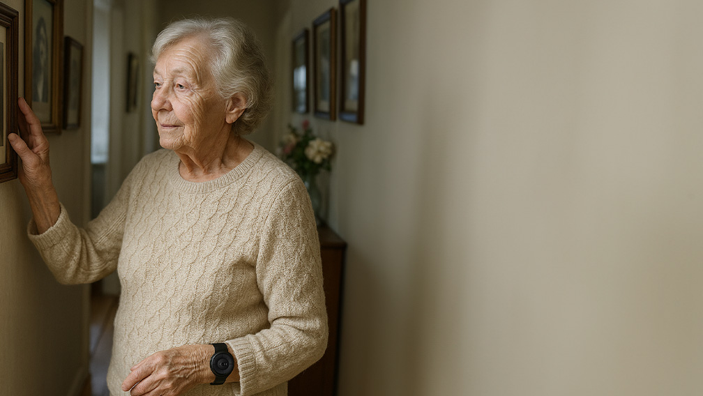 Ältere Dame im eigenen Zuhause trägt das MiniFinder Nano Seniorenarmband