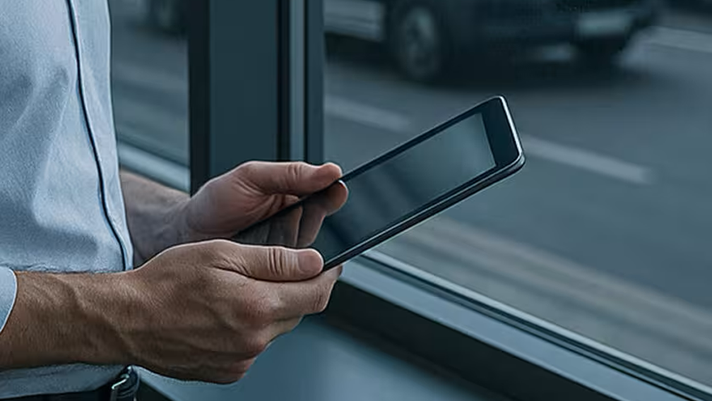 Man hält ein Tablet, um das Flottenmanagement-System zu überwachen.