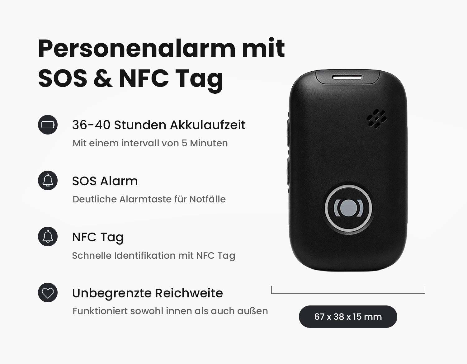 Spezifikationsbild mit technischen Merkmalen und Funktionen des MiniFinder Nox Personenalarms.