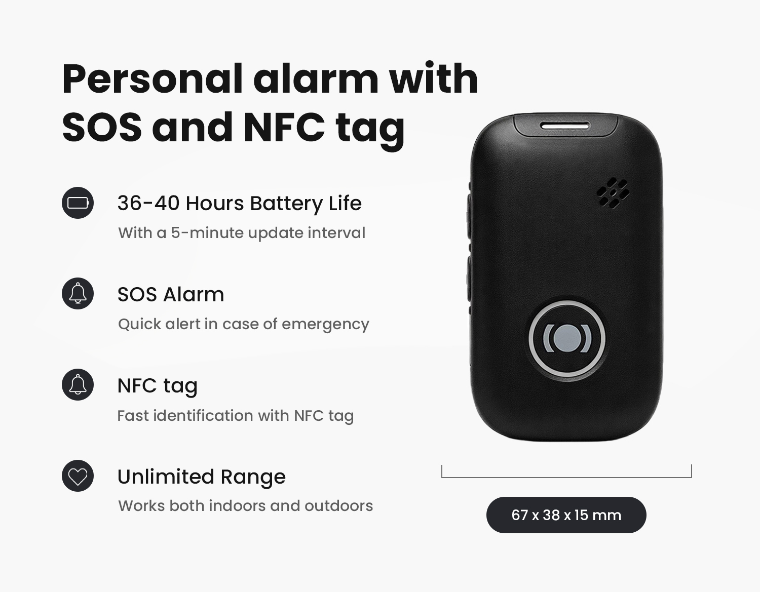 Specification image showing the technical features and key functions of the MiniFinder Nox personal alarm.