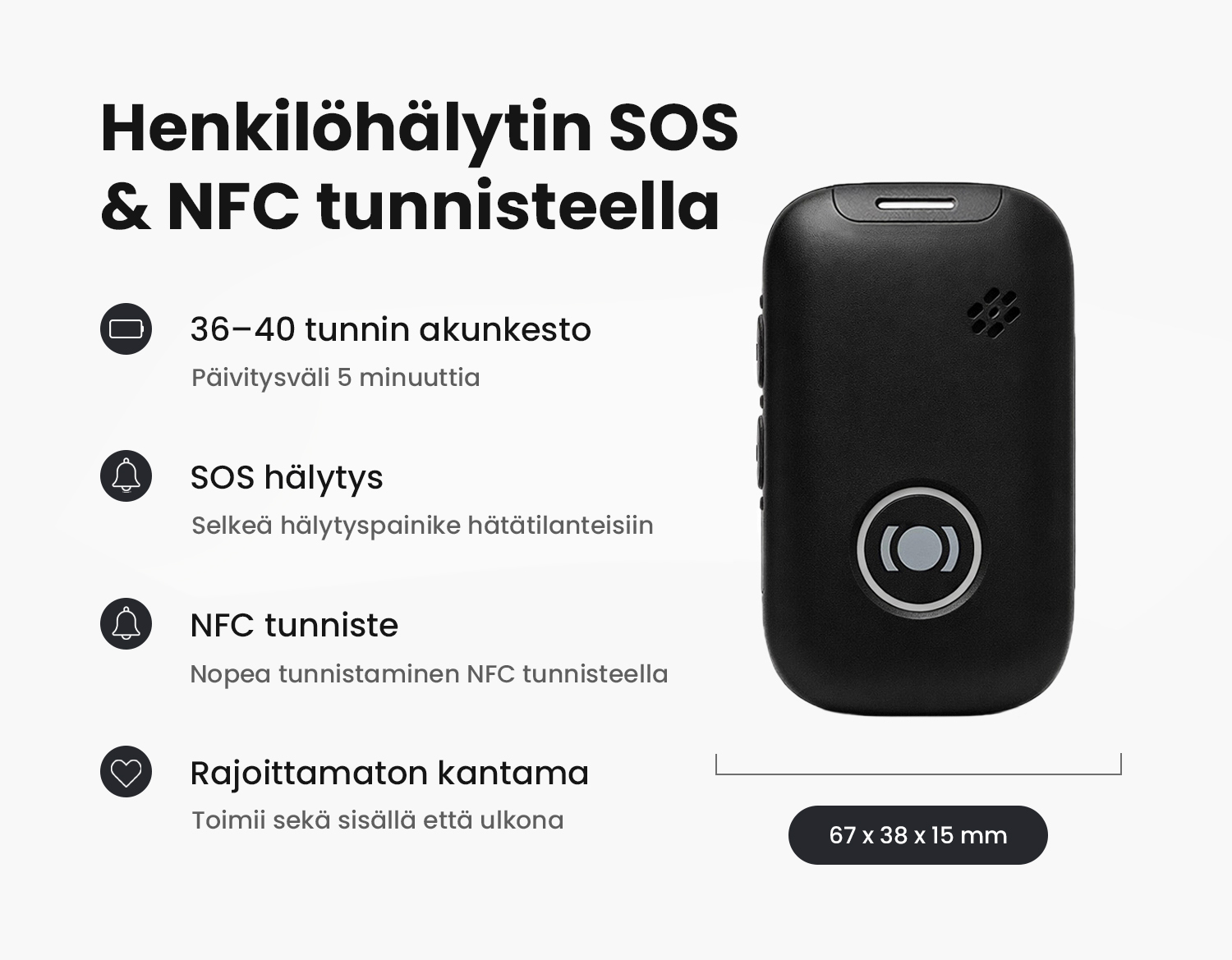 Tekninen kuva, joka näyttää MiniFinder Nox henkilöhälyttimen keskeiset ominaisuudet ja tekniset tiedot.
