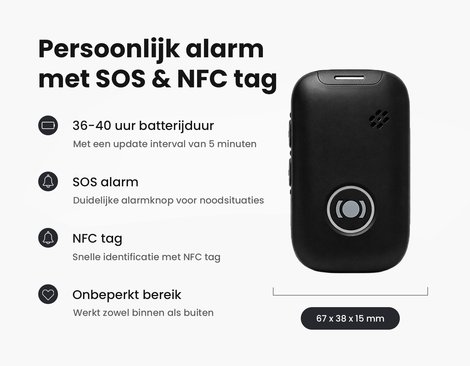 Specificatieafbeelding met de technische kenmerken en functies van het MiniFinder Nox persoonlijk alarm.