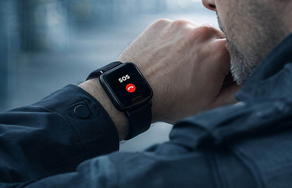 Security professional speaking into personal safety alarm watch demonstrating two way communication