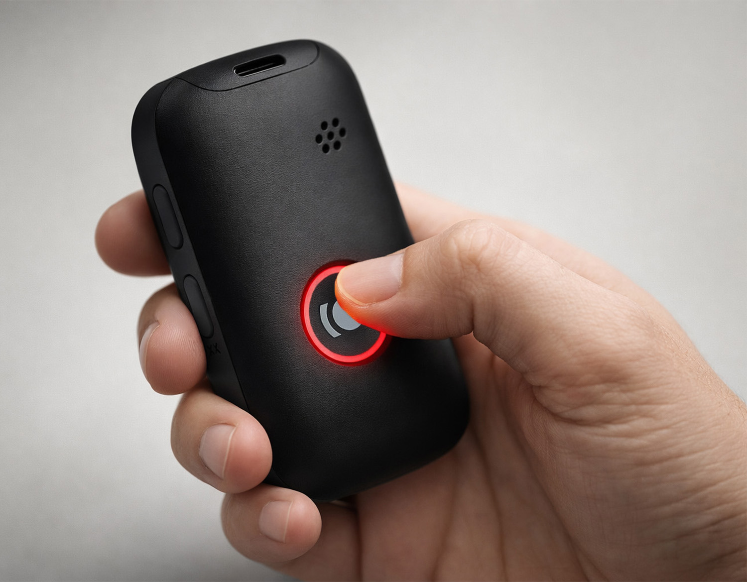 Duidelijke alarmknop op MiniFinder Nox voor snelle activering.