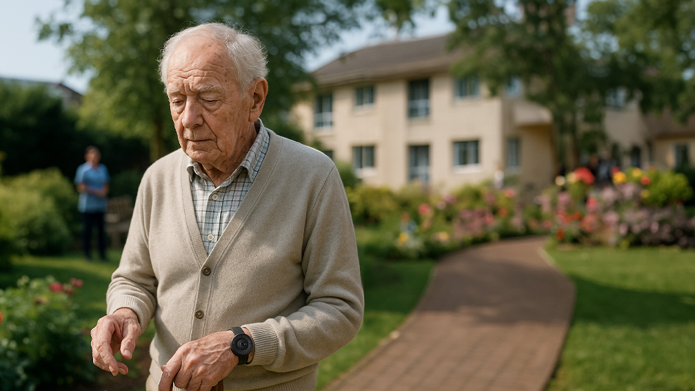 Älterer Mann im Pflegeheim trägt das MiniFinder Nano für mehr Sicherheit.
