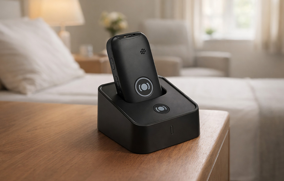 MiniFinder Nox persoonlijk alarm met ingebouwde NFC tag voor snelle en veilige identificatie in zorg en veiligheidsomgevingen.