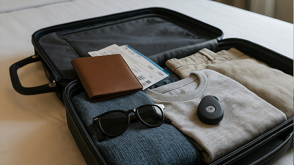 MiniFinder Pico im Reisekoffer für sicheren Schutz vor Diebstahl.