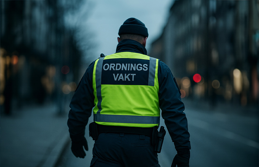 Security guard at night using personal safety alarm watch with indoor and outdoor positioning