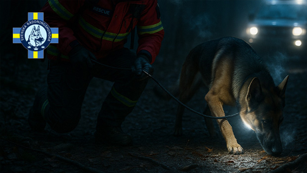 Räddningshund med MiniFinder Rex under sök och räddningsinsats