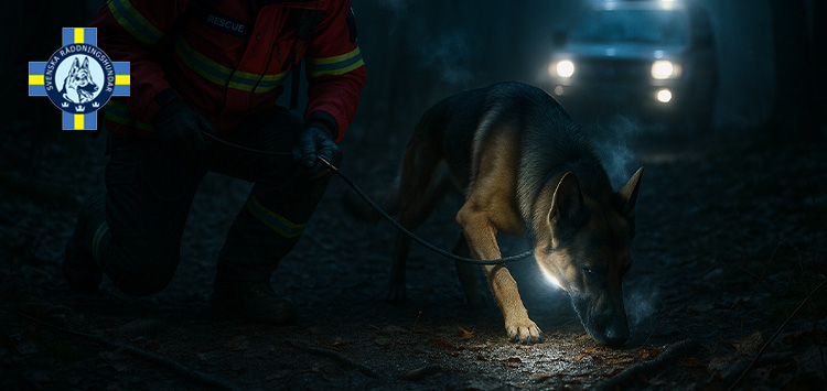 Rescue dog equipped with MiniFinder Rex during a search and rescue operation