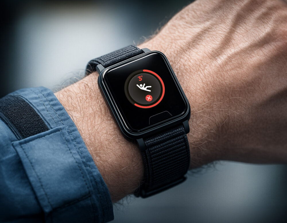 Sicherheitsprofi mit MiniFinder Veo Sicherheitsuhr, der die Sturzerkennung zeigt