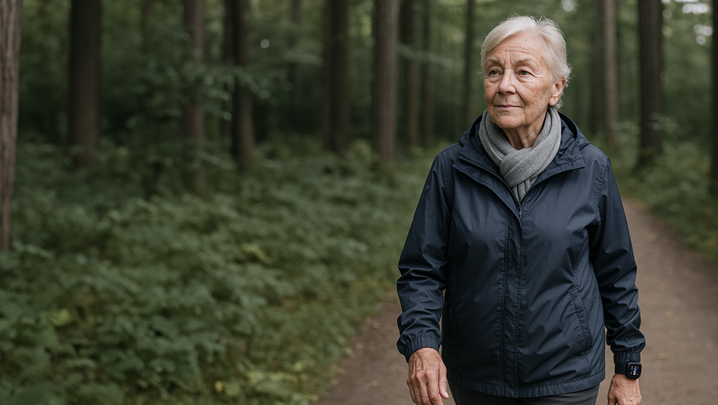Aktive Seniorin im Wald mit der MiniFinder Watch Sicherheitsuhr.