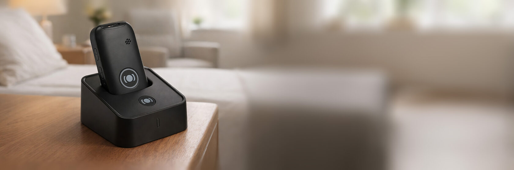 MiniFinder Nox personalarm placeret i ladestationen klar til brug.