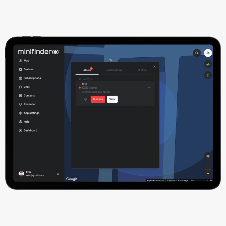 Schermafbeelding van het MiniFinder live systeem met actieve alarmfunctie en realtime overzicht
