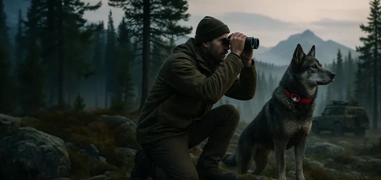 Jäger im Wald mit Jagdhund und GPS Hundeortungsgerät für mehr Sicherheit bei der Jagd.