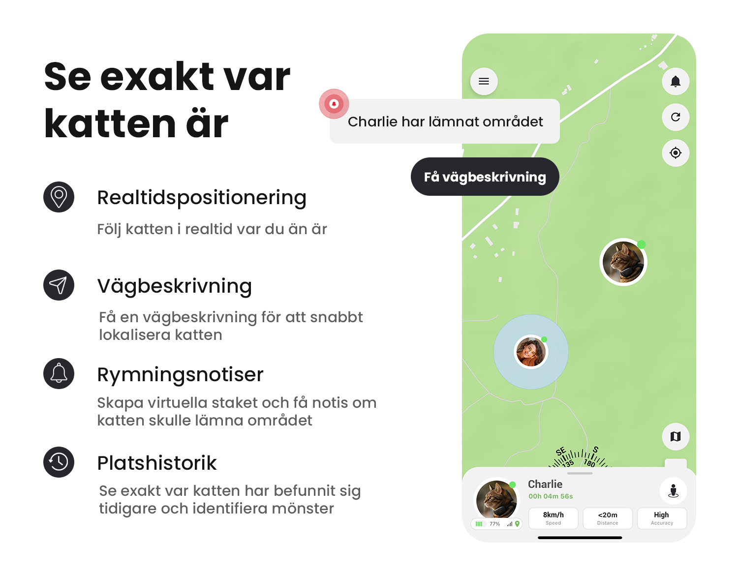 MiniFinder Live app som visar kattens position i realtid tillsammans med funktioner och specifikationer.