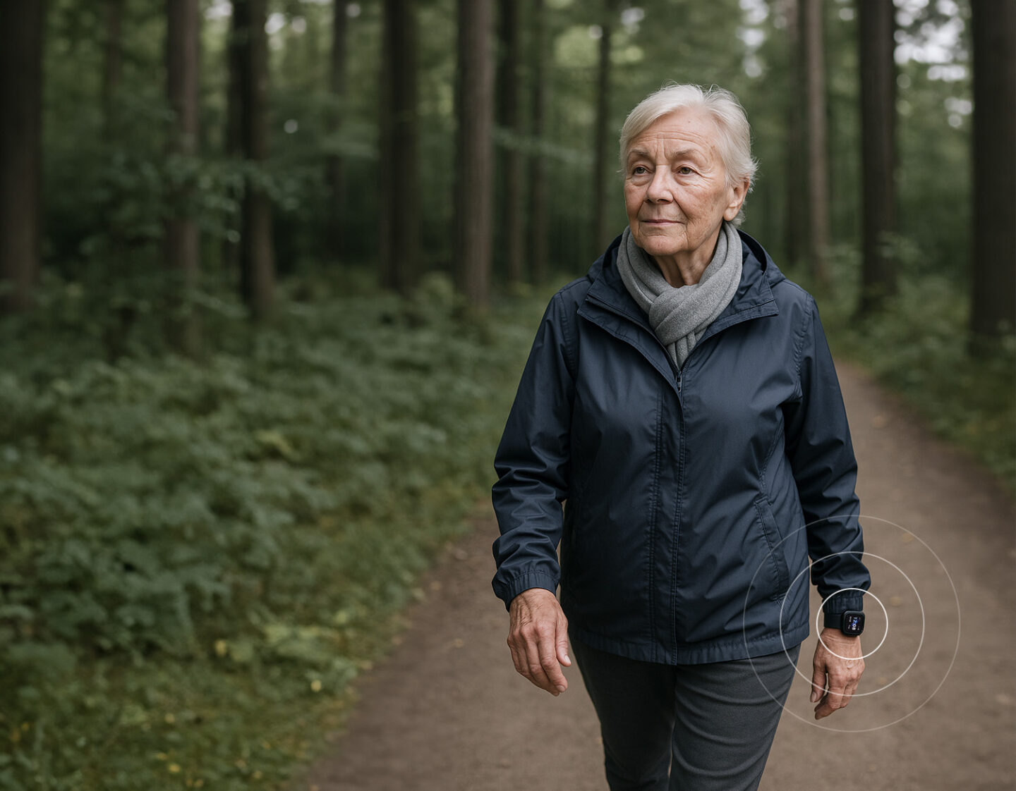 Older woman using a wearable personal safety alarm during an independent walk outdoors