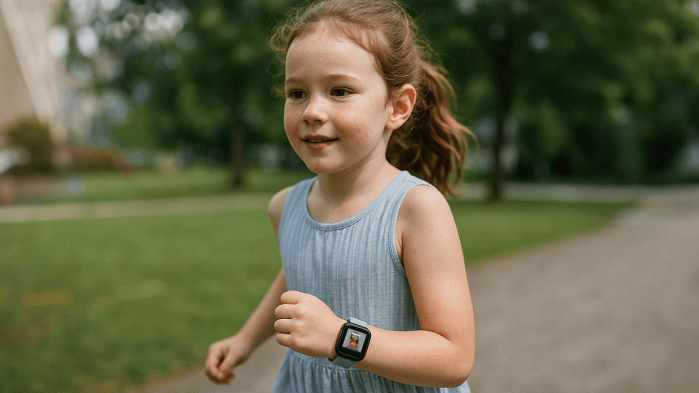 Child wearing a GPS tracker while playing outdoors during summer vacation, allowing parents to stay connected and feel secure through real-time location updates.