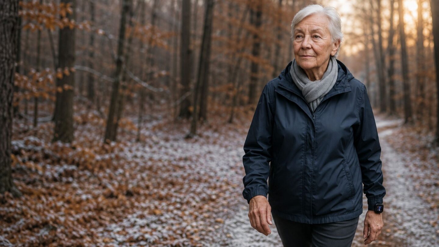 Senior wearing a personal alarm watch while out for a walk
