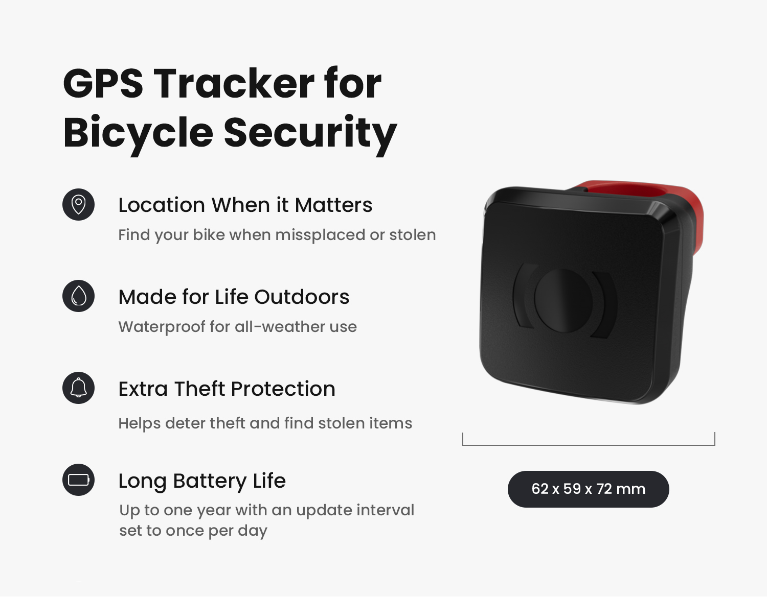 Aio bike tracker with daily location updates, long battery life and a weather-resistant design.