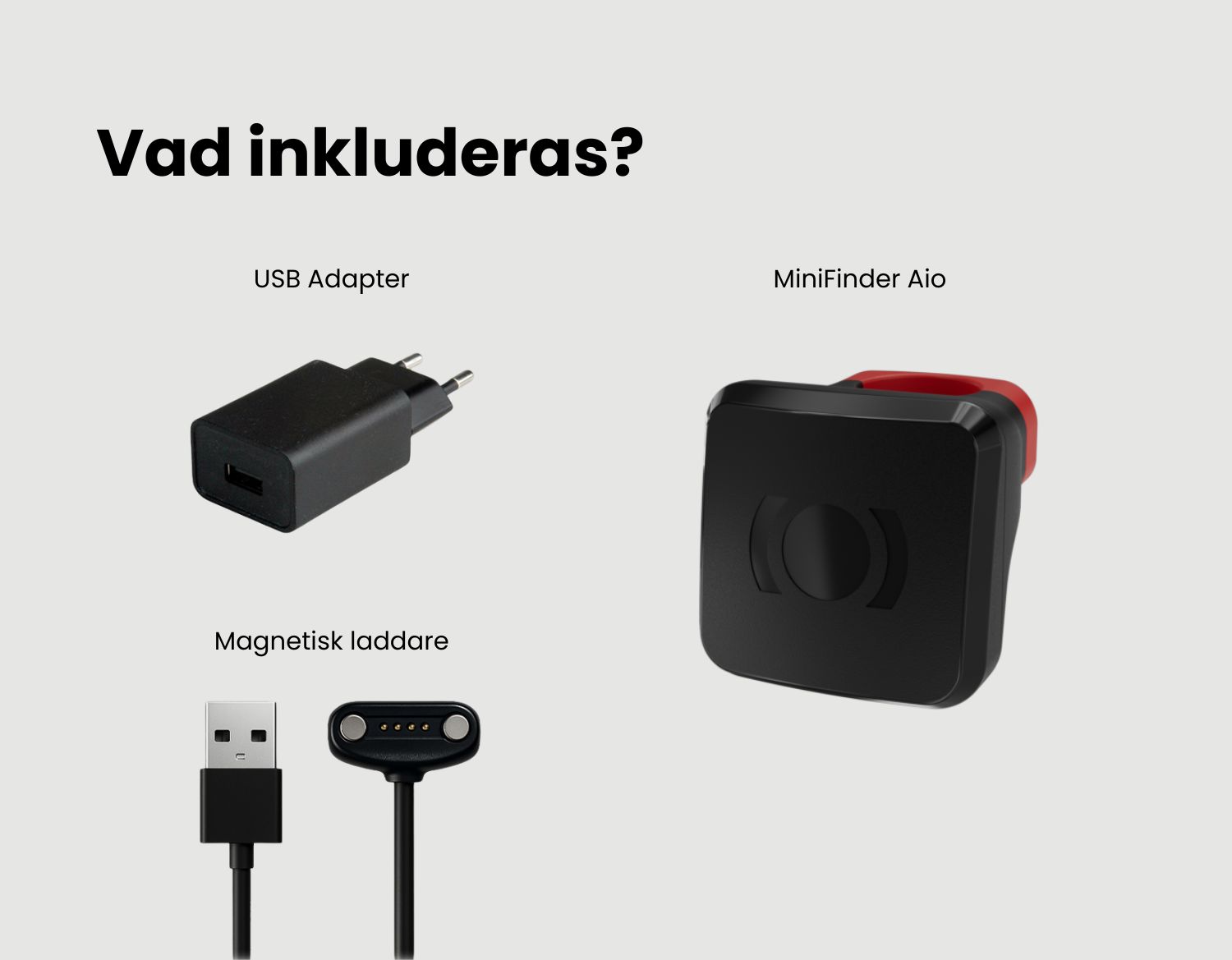 Vad inkluderas? MiniFinder Aio, Adaper, Magnetisk laddare