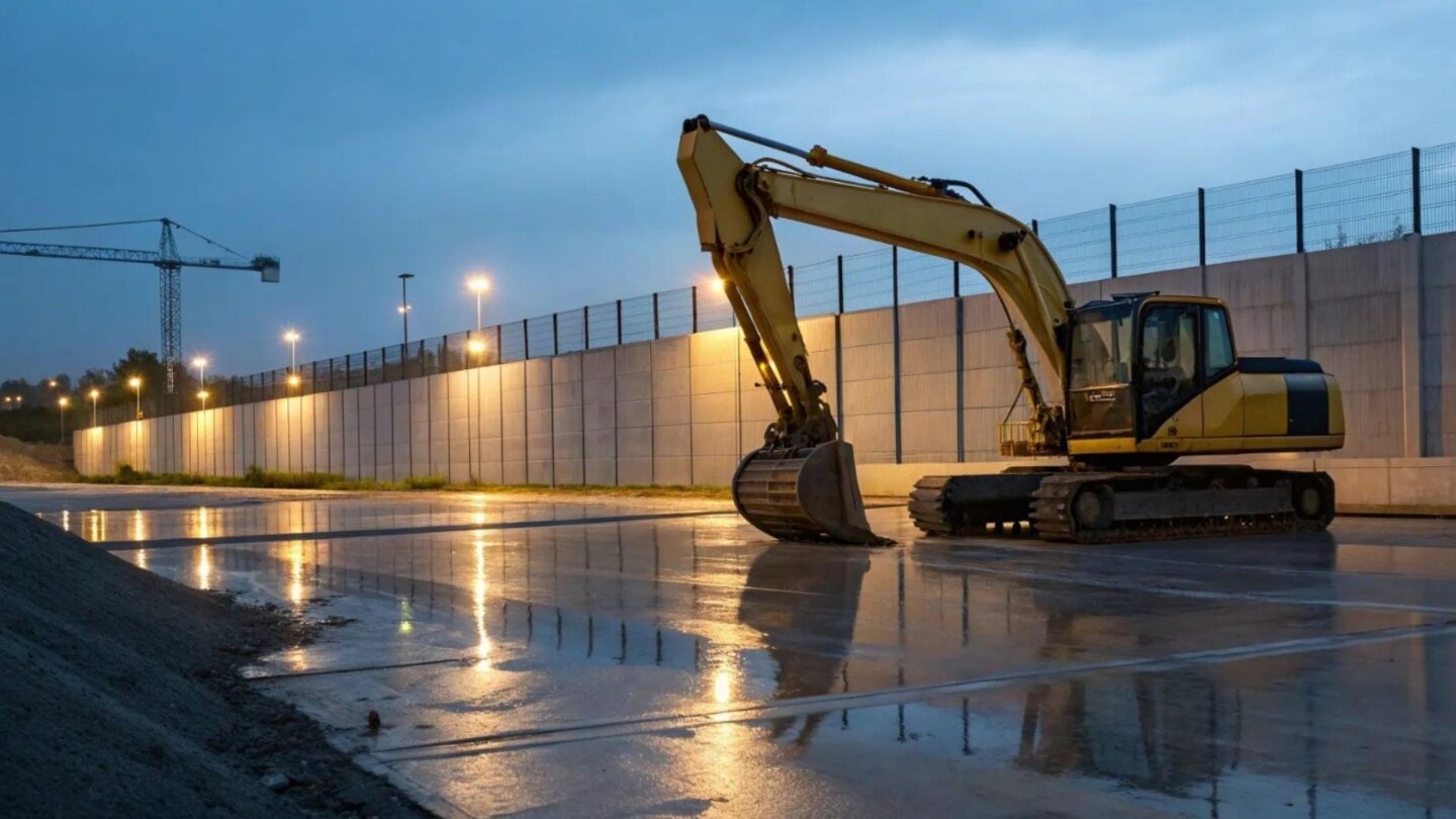 Construction machinery and company vehicles parked at a construction site, where GPS tracking can help protect against theft.