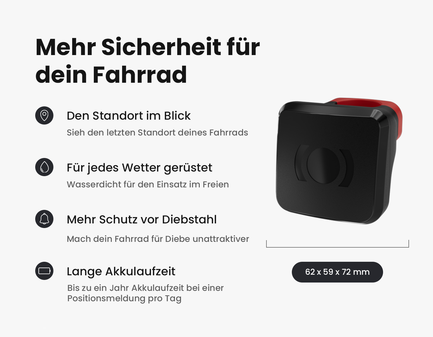 Aio Fahrrad-Tracker mit täglichen Standortaktualisierungen, langer Akkulaufzeit und wetterfestem Gehäuse.