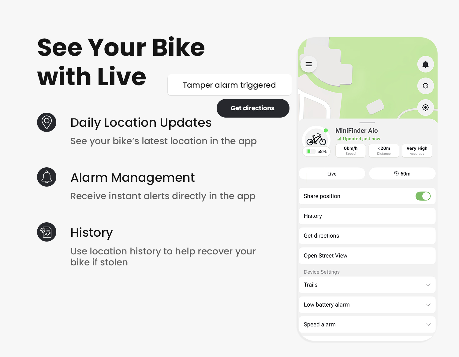MiniFinder Live app showing the Aio bike tracker’s last reported location and alert features.