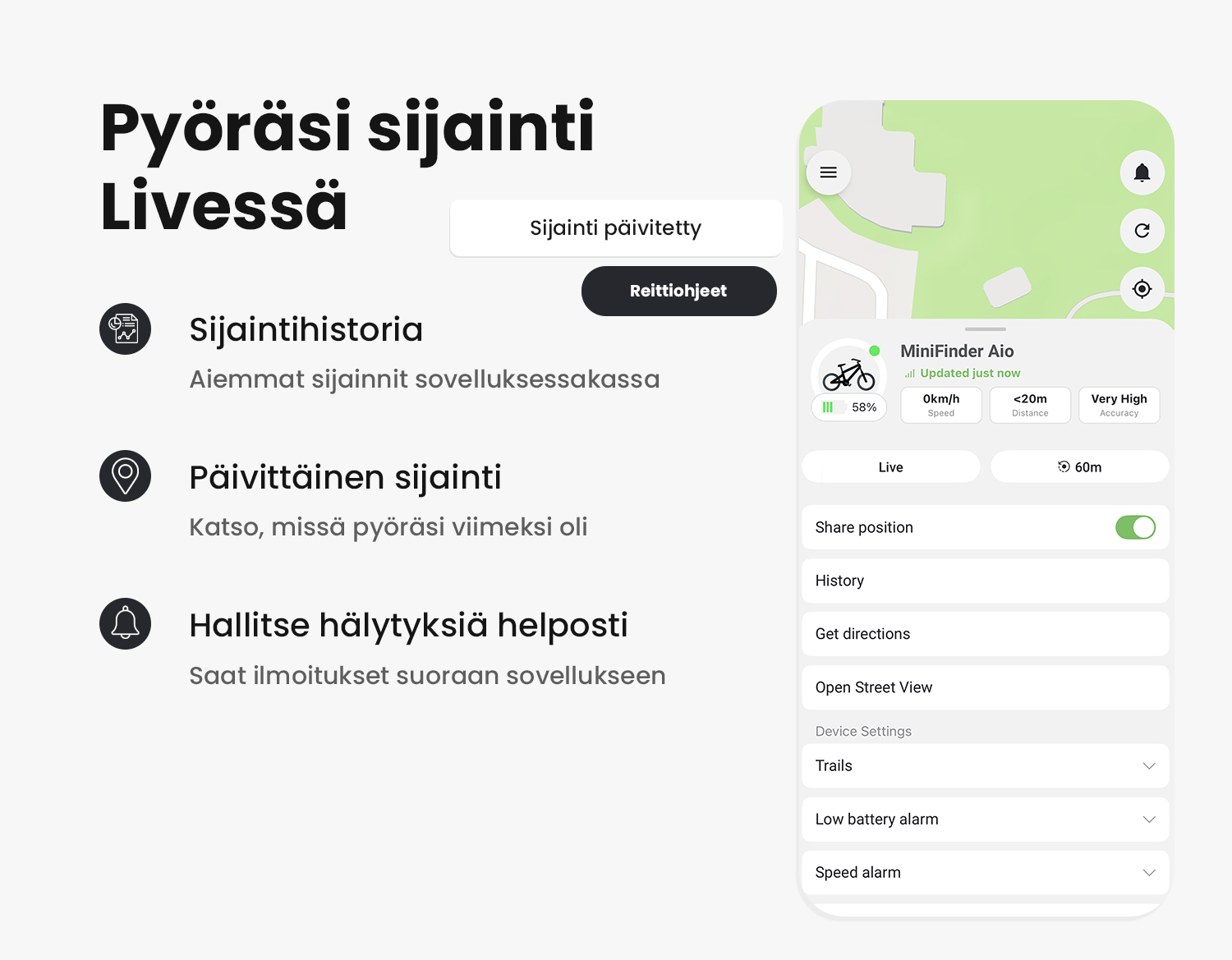 MiniFinder Live näyttää Aio-paikantimen viimeksi ilmoittaman sijainnin ja pyörän hälytystoiminnot.