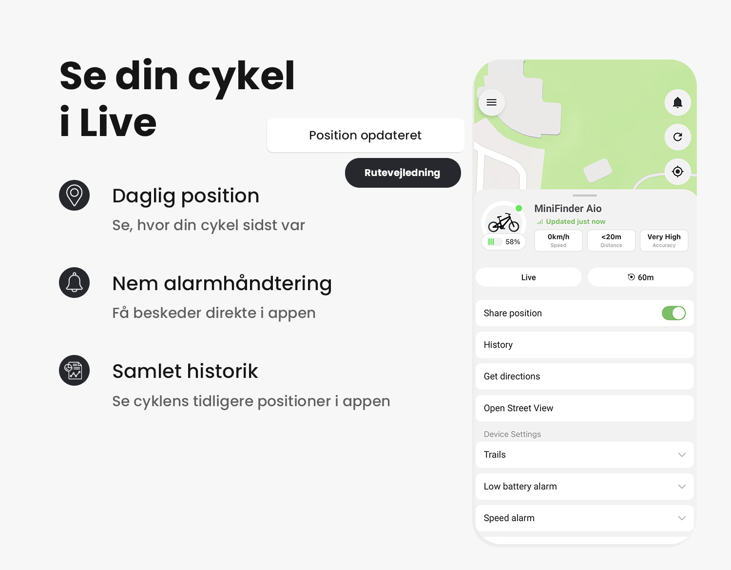 MiniFinder Live med Aio-cykeltrackerens senest rapporterede position og alarmfunktioner.